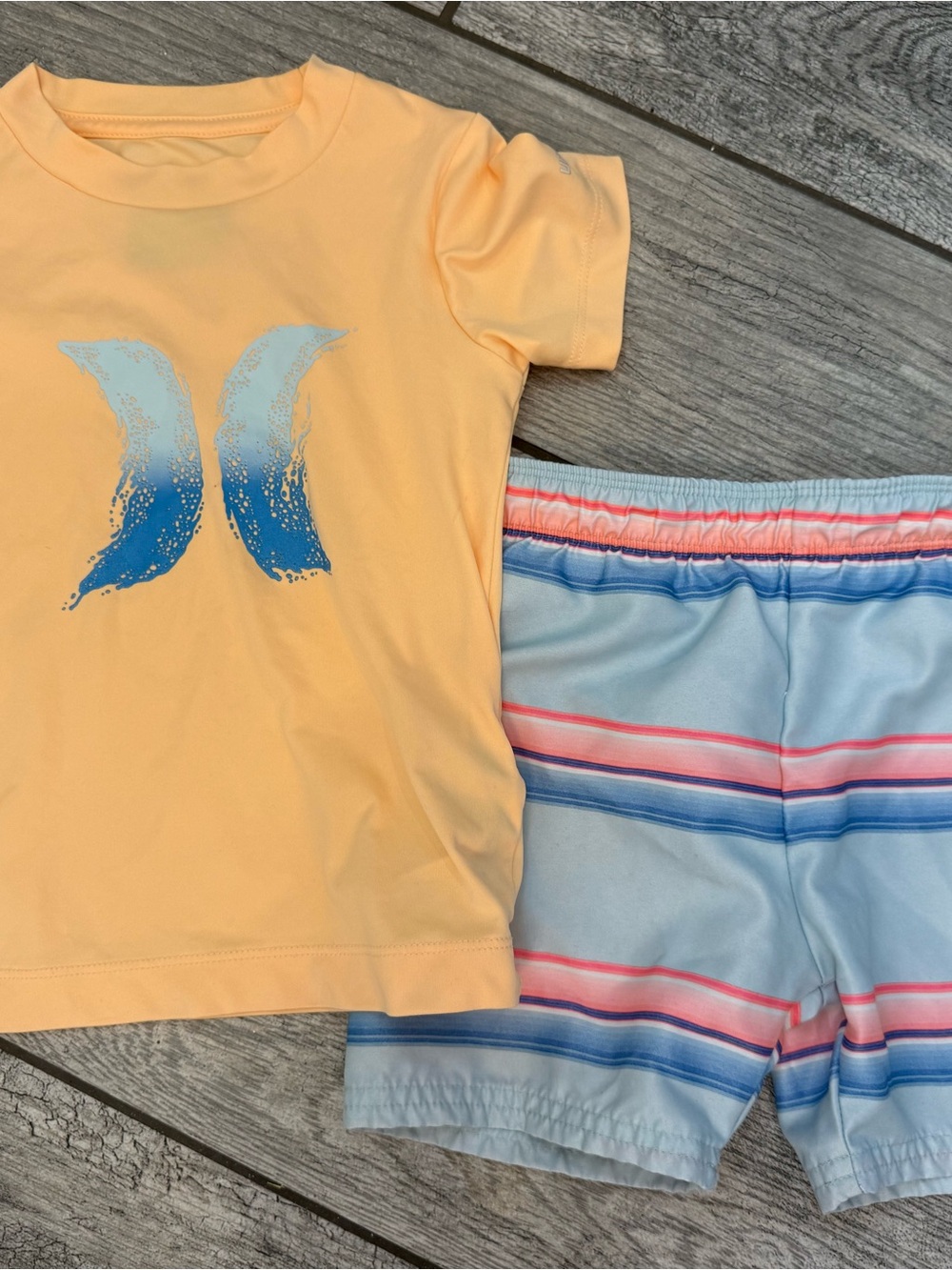 Hurley Yellow Tee with Blue Surf Logo & Light Blue Striped Swim Trunks